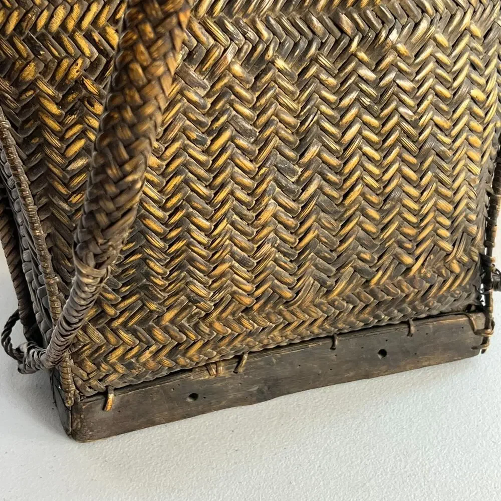 Vintage Ifugao Natural Carved Woven Wicker Basket Backpack From the Philippines